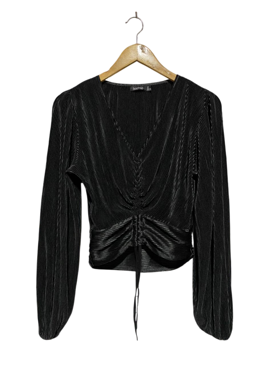 BOOHOO |L| BUST 19| B20| BLACK PLEATED RUCHE FRONT LONG SLEEVE TOP