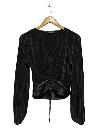 BOOHOO |L| BUST 19| B20| BLACK PLEATED RUCHE FRONT LONG SLEEVE TOP