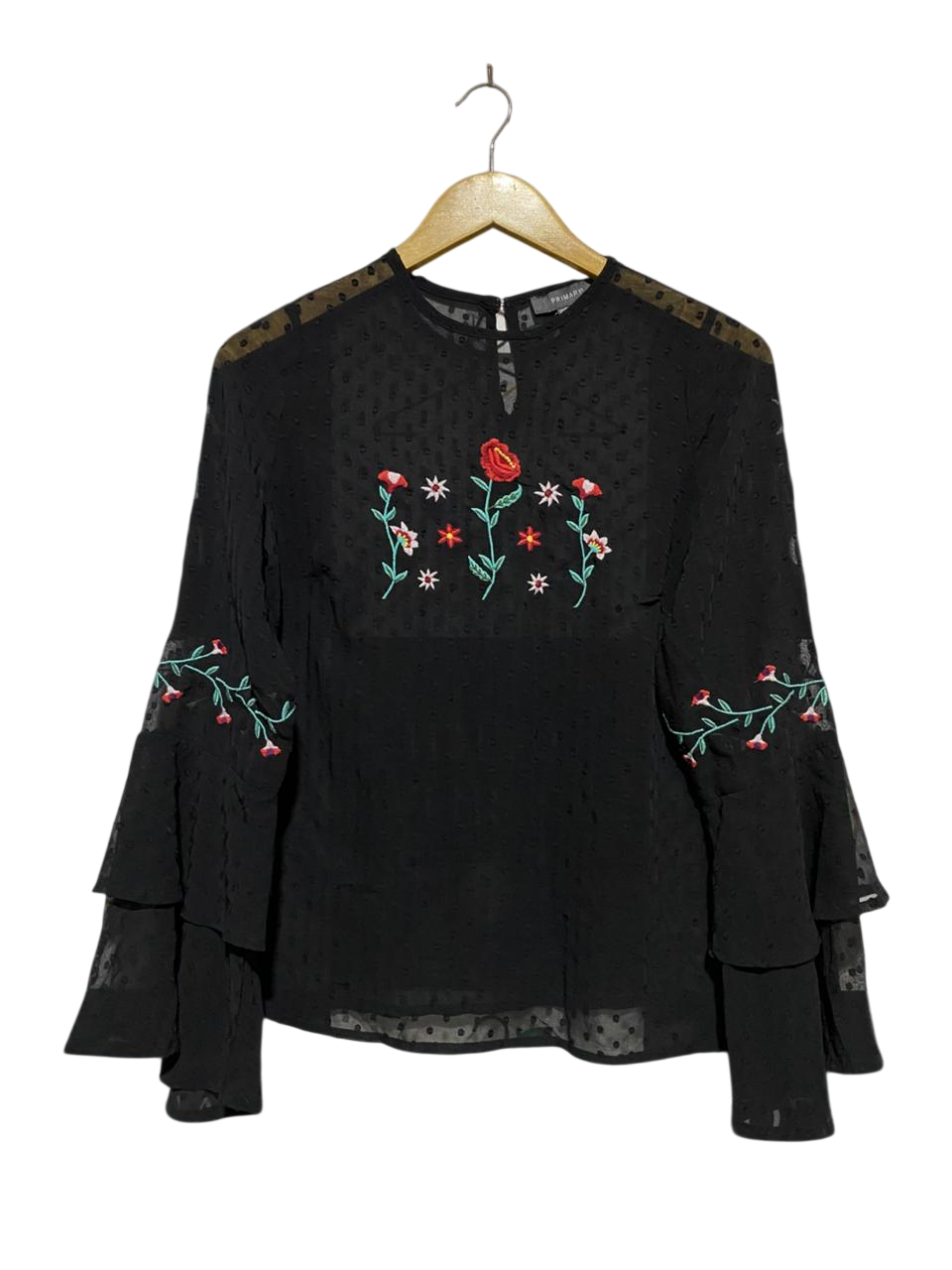 PRIMARK |M| BUST 18| B20| BLACK EMBROIDERED SHEER BLOUSE WITH LAYERED BELL SLEEVES