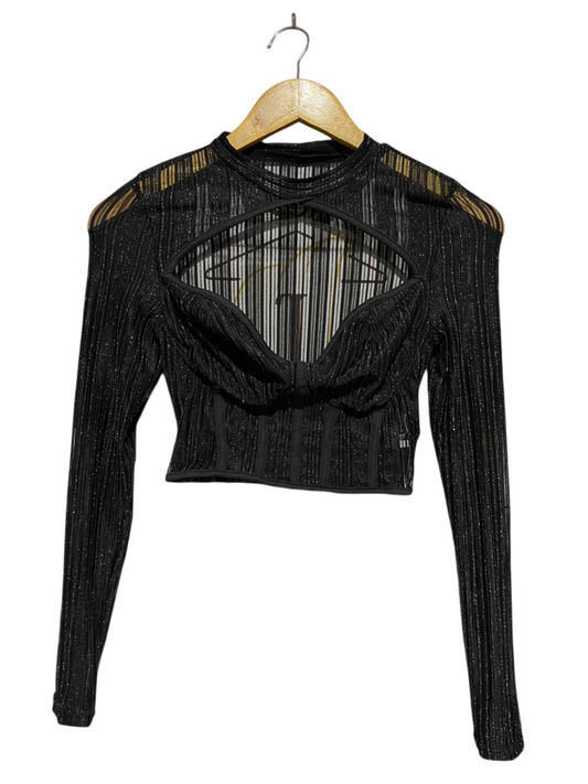 SHEIN |XS| BUST 13| B20| GLITTER MESH CUT-OUT LONG SLEEVE CROP TOP