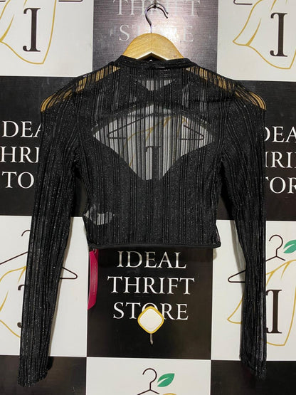 SHEIN |XS| BUST 13| B20| GLITTER MESH CUT-OUT LONG SLEEVE CROP TOP