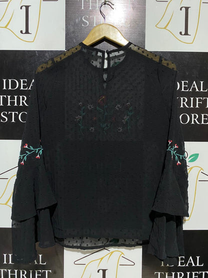 PRIMARK |M| BUST 18| B20| BLACK EMBROIDERED SHEER BLOUSE WITH LAYERED BELL SLEEVES