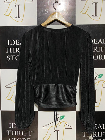BOOHOO |L| BUST 19| B20| BLACK PLEATED RUCHE FRONT LONG SLEEVE TOP
