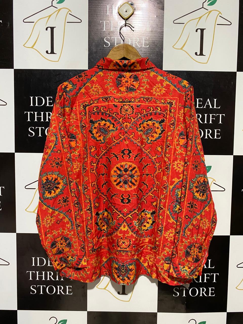 |XL| BUST 23| B20| VINTAGE-STYLE RED BOHO PAISLEY LONG SLEEVE BUTTON-UP SHIRT