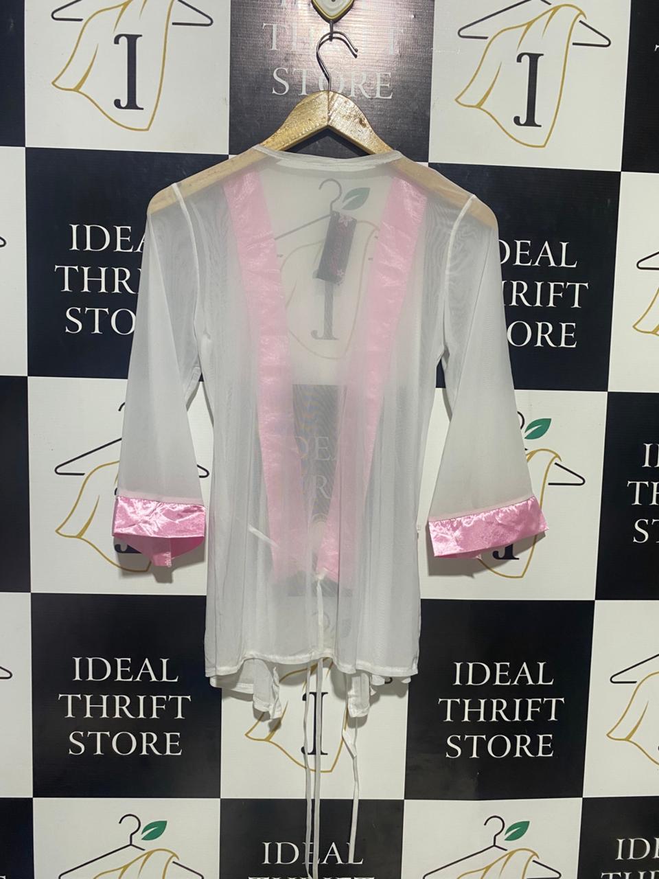 GENIE |M| BUST 16| B20| WOMEN'S SHEER MESH ROBE WITH SATIN TRIM - WHITE/PINK