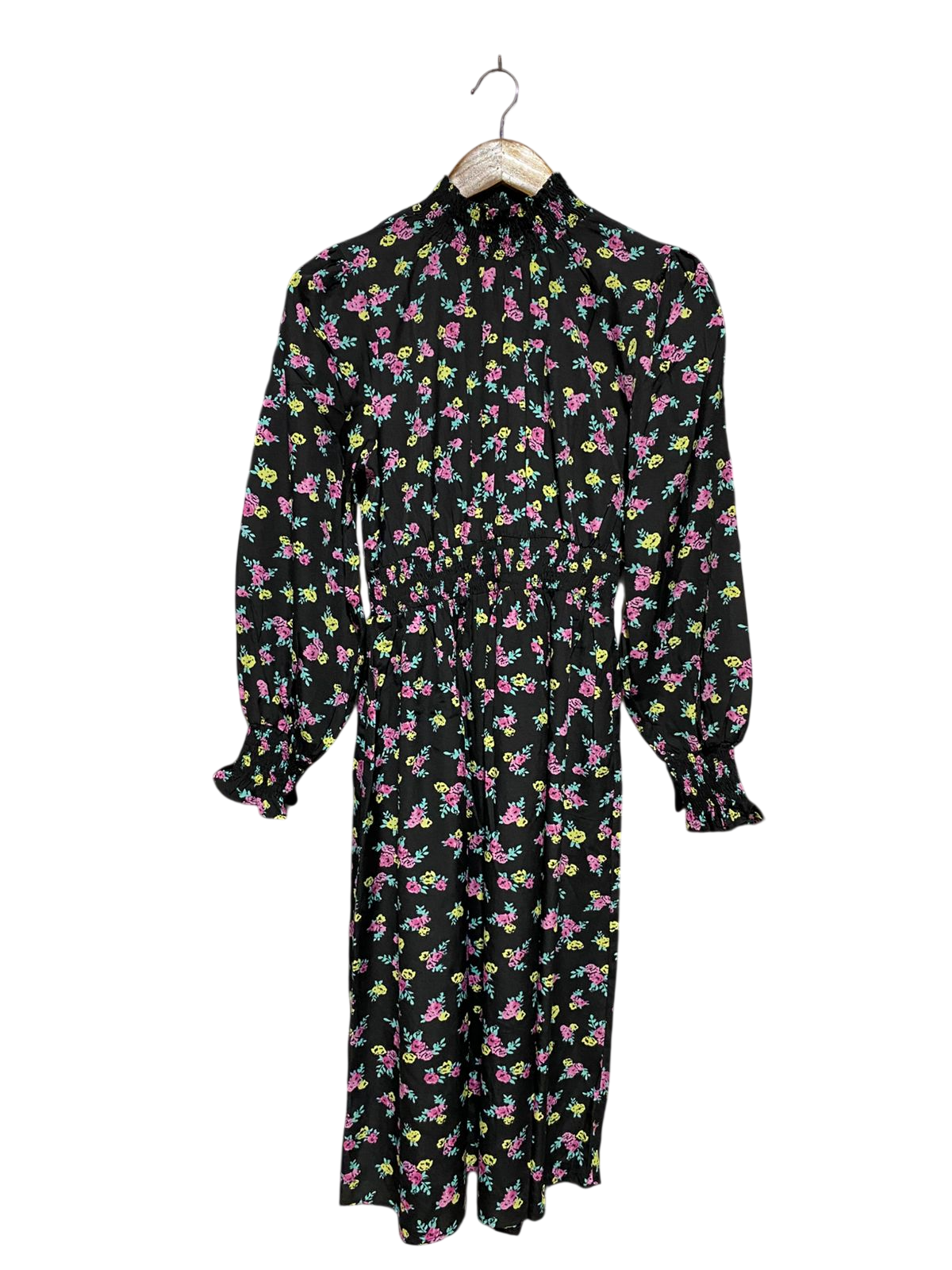 BOOHOO |M| BUST 17| C2| BLACK FLORAL HIGH-NECK SMOCKED MIDI DRESS