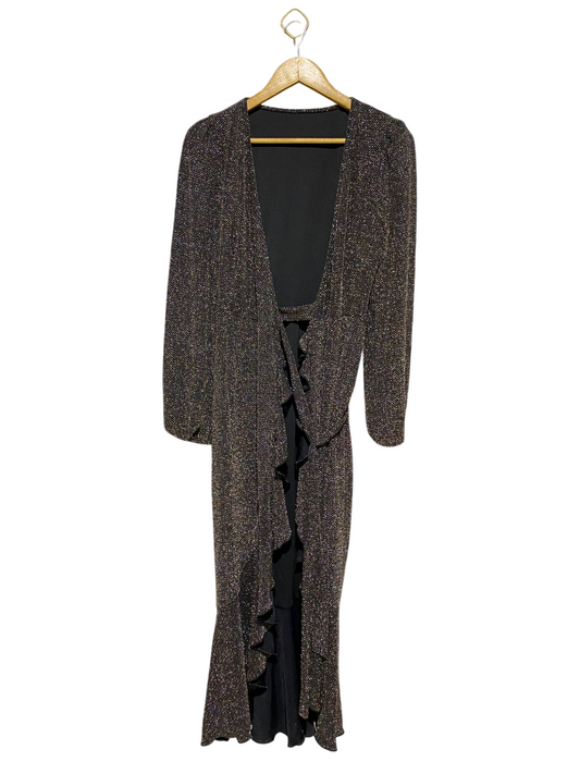 |S| BUST 16| C2| SHIMMERING METALLIC BLACK LONG SLEEVE MAXI DRESS WITH RUFFLE