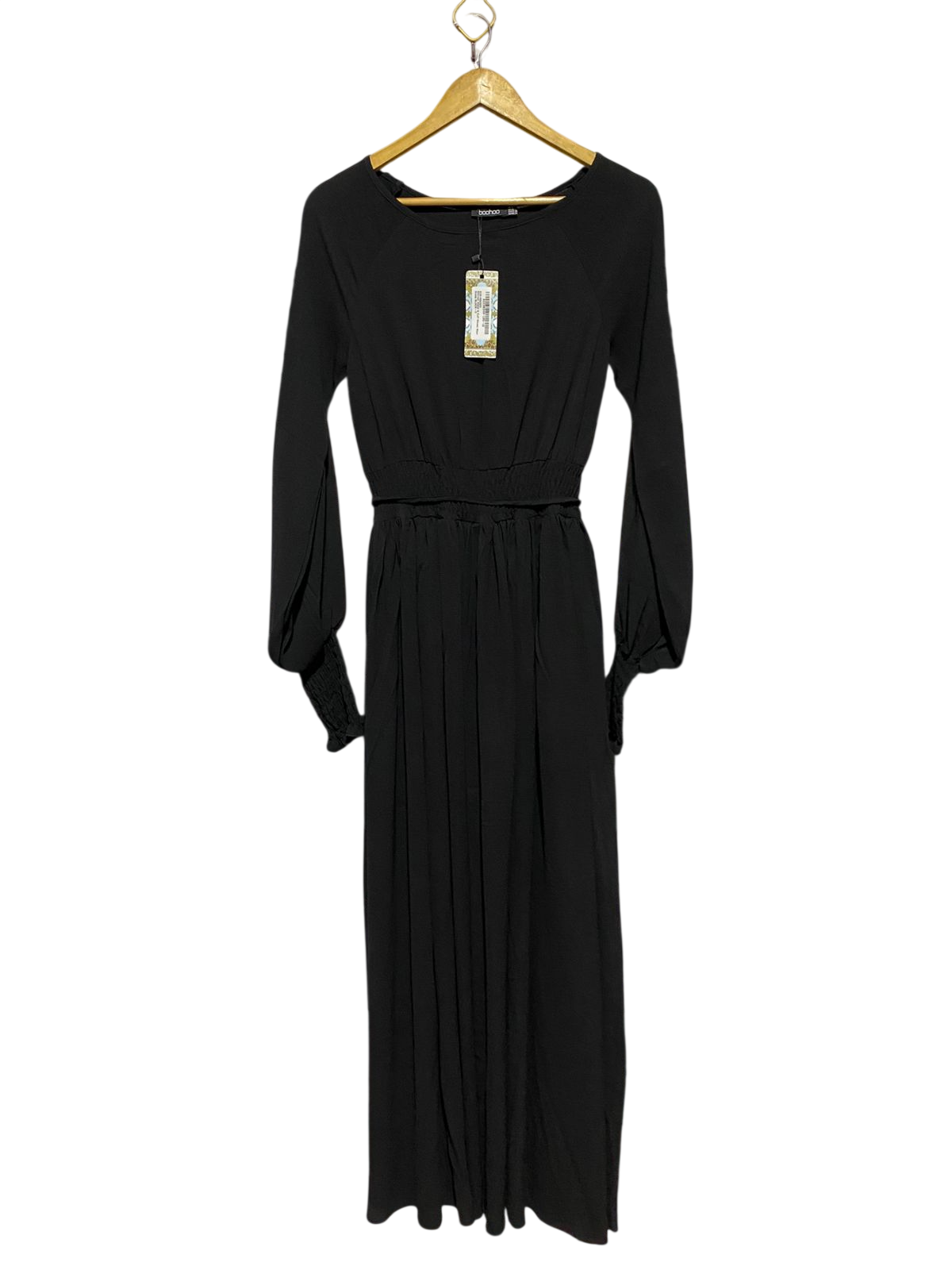 BOOHOO |S| BUST 16| C2| BLACK LONG SLEEVE SMOCKED WAIST MAXI DRESS