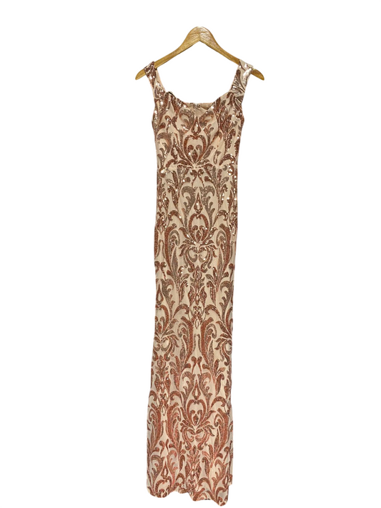 WINDSOR |S| BUST 14| C2| ROSE GOLD SEQUIN DAMASK PATTERN MAXI EVENING DRESS