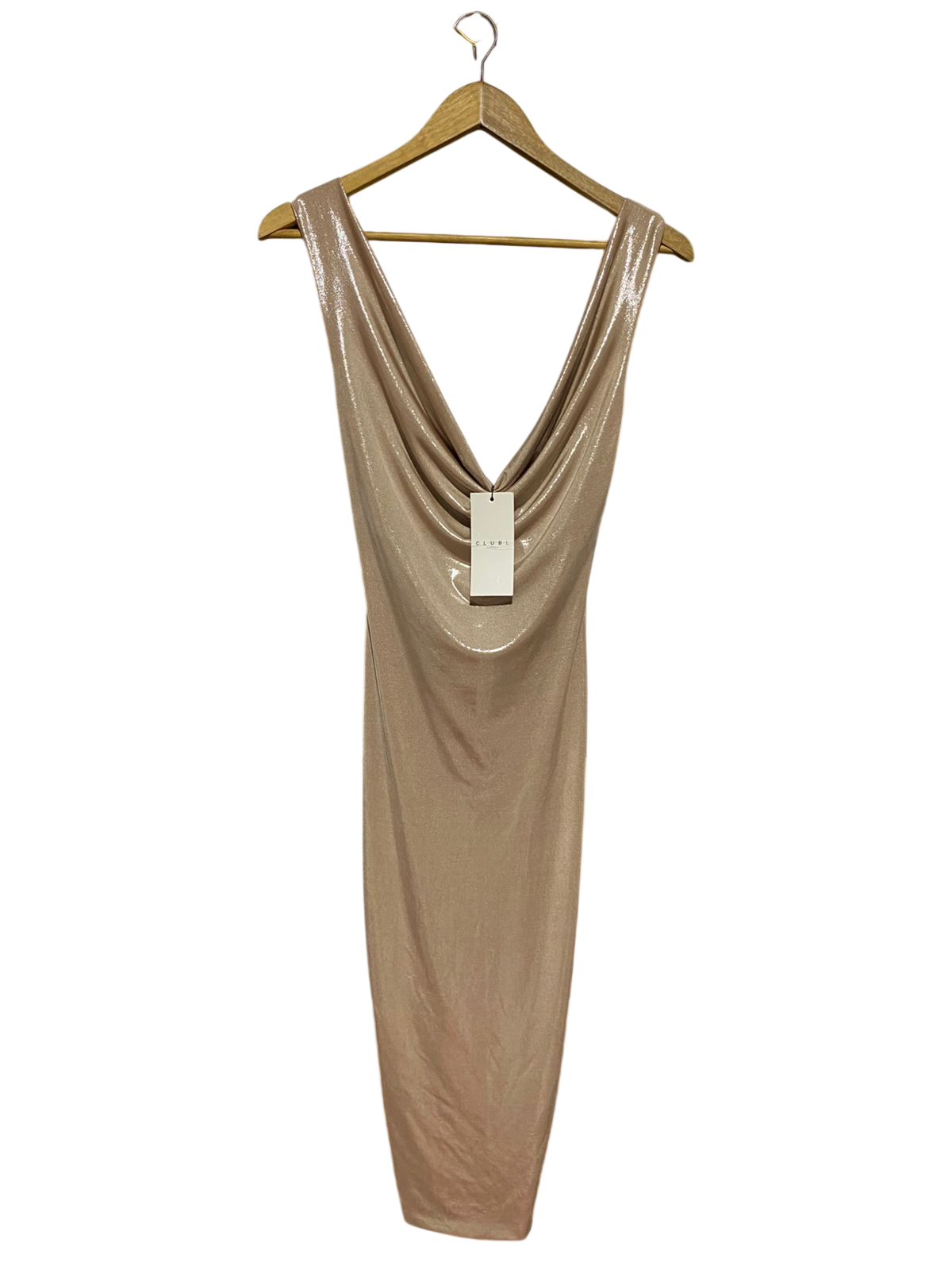CLUBL |S| BUST 15| C2| ROSE GOLD METALLIC COWL NECK MAXI DRESS