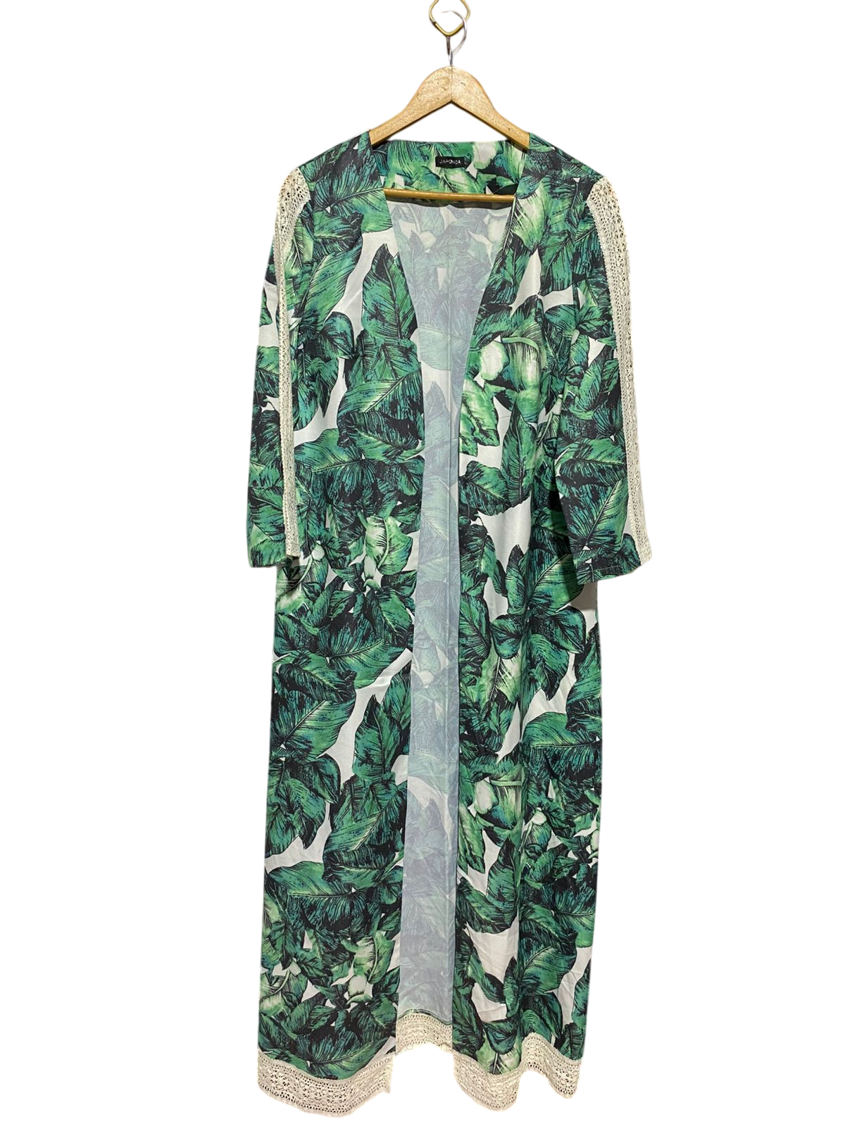 JAPONICA |XL| BUST 21| C2| TROPICAL LEAF PRINT LONG KIMOΝΟ WITH LACE TRIM