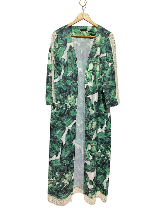 JAPONICA |XL| BUST 21| C2| TROPICAL LEAF PRINT LONG KIMOΝΟ WITH LACE TRIM