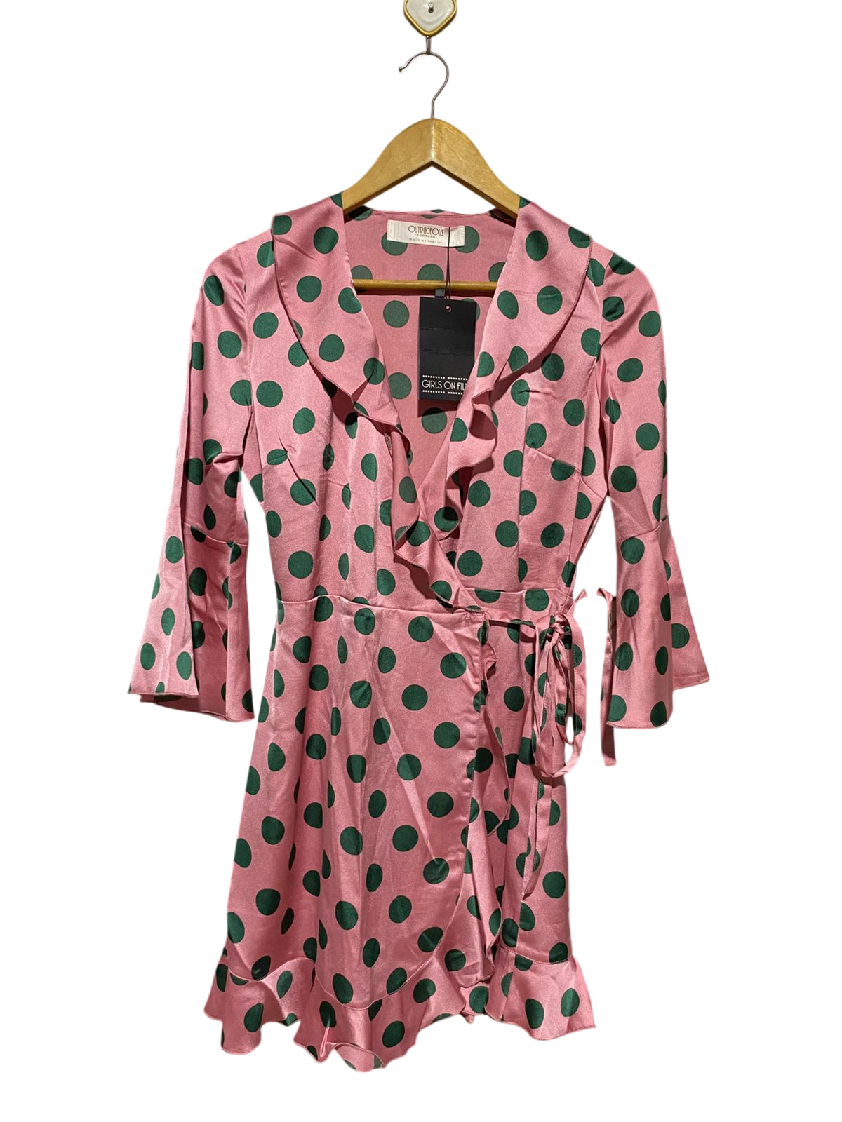 OUTRFIGFOUS |M| BUST 16| C2| GIRLS ON FILM PINK & GREEN POLKA DOT RUFFLE WRAP DRESS