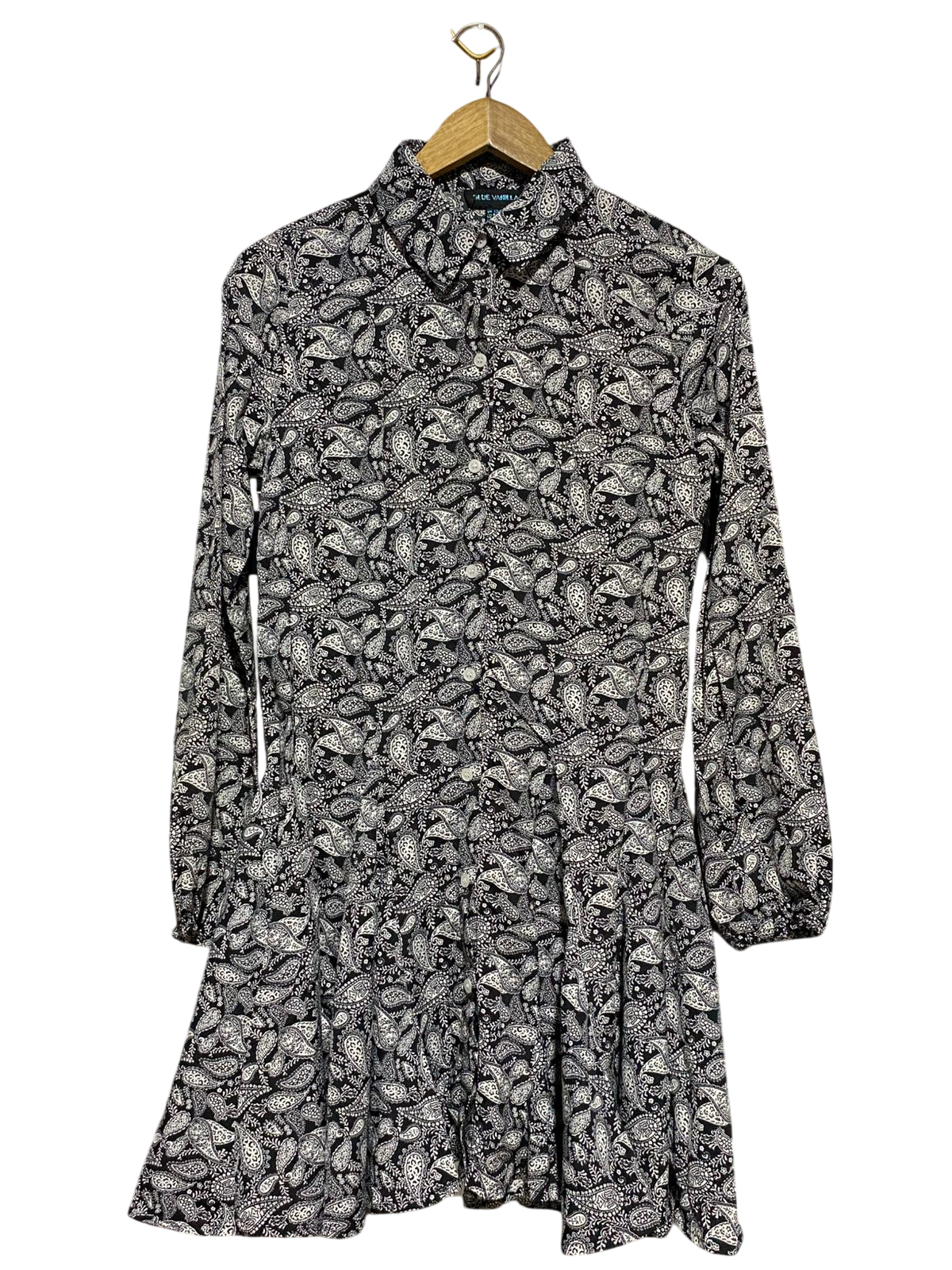 BLUE VANILLA |M| BUST 19| B21| MONOCHROME PAISLEY PRINT LONG SLEEVE MINI SHIRT DRESS