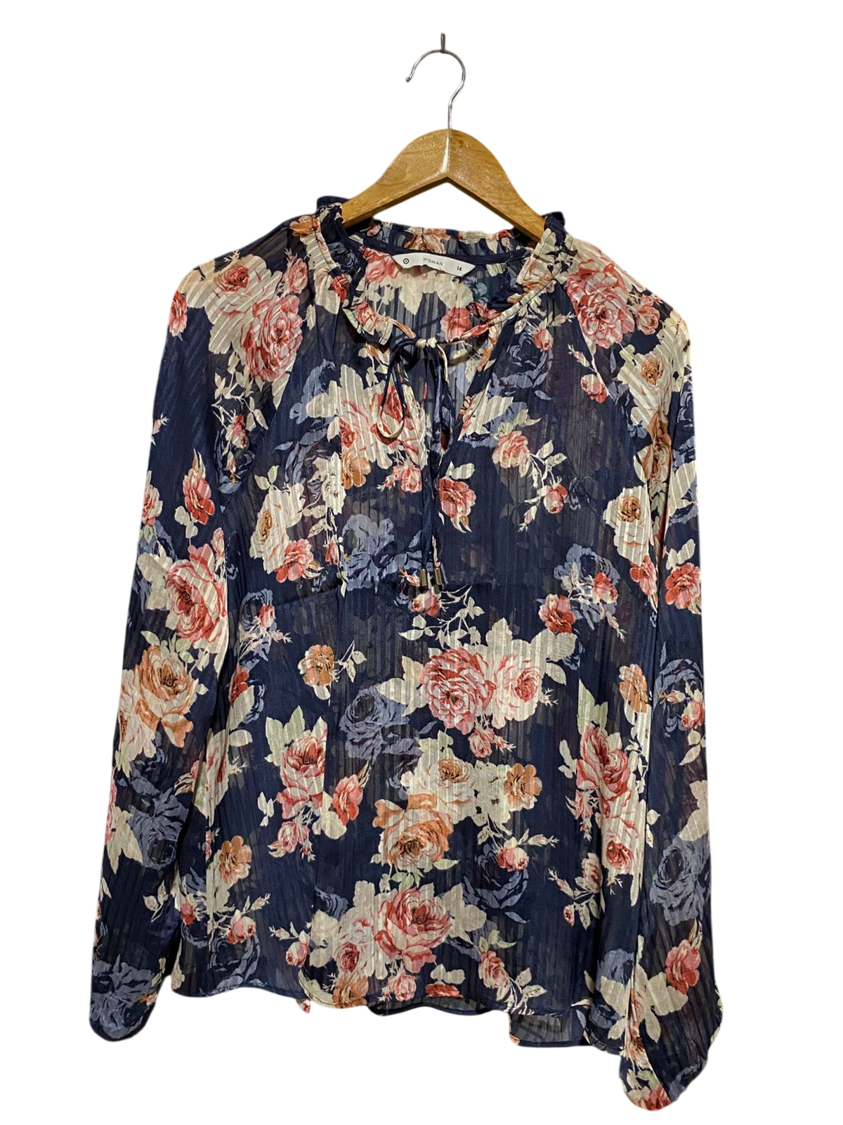 WOMAN |XL| BUST 22| B21| WOMAN NAVY FLORAL METALLIC STRIPE TIE-NECK BLOUSE