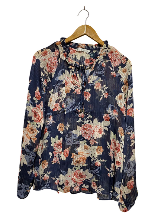 WOMAN |XL| BUST 22| B21| WOMAN NAVY FLORAL METALLIC STRIPE TIE-NECK BLOUSE