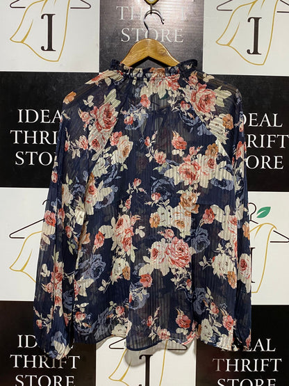 WOMAN |XL| BUST 22| B21| WOMAN NAVY FLORAL METALLIC STRIPE TIE-NECK BLOUSE