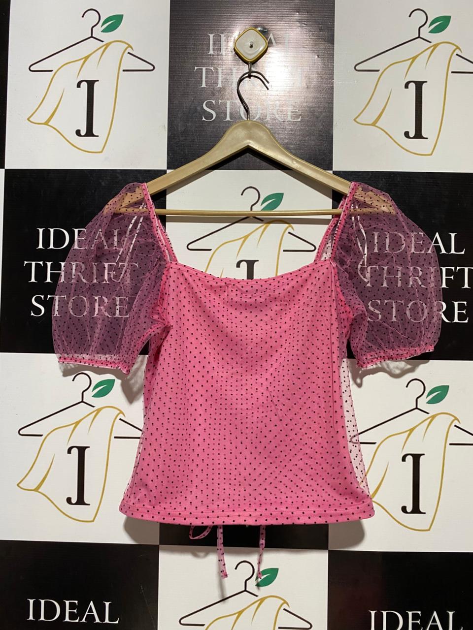NEW LOOK |M| BUST 17| B21| PINK POLKA DOT PUFF SLEEVE CROP TOP