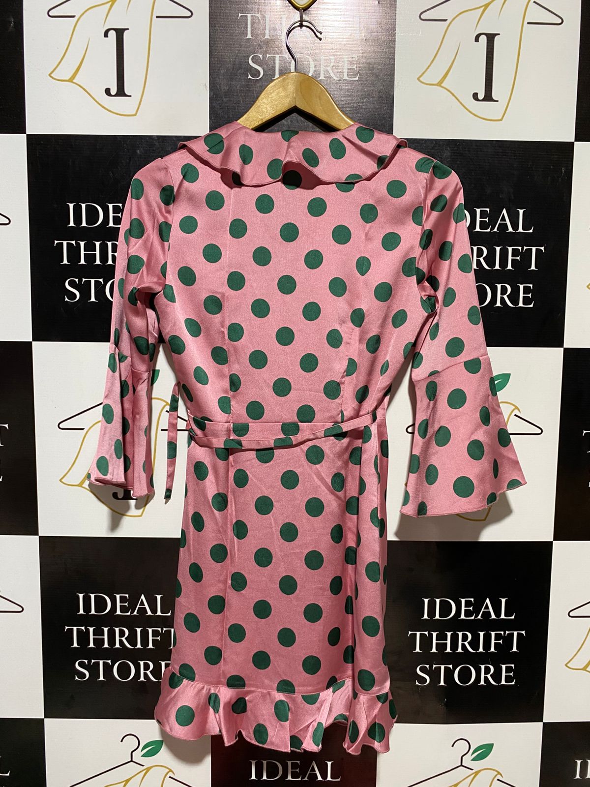 OUTRFIGFOUS |M| BUST 16| C2| GIRLS ON FILM PINK & GREEN POLKA DOT RUFFLE WRAP DRESS