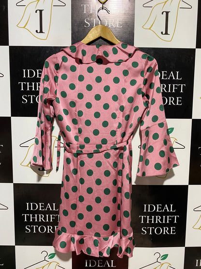 OUTRFIGFOUS |M| BUST 16| C2| GIRLS ON FILM PINK & GREEN POLKA DOT RUFFLE WRAP DRESS