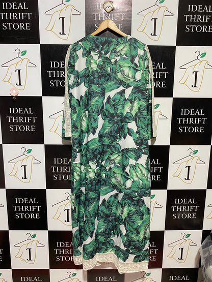 JAPONICA |XL| BUST 21| C2| TROPICAL LEAF PRINT LONG KIMOΝΟ WITH LACE TRIM