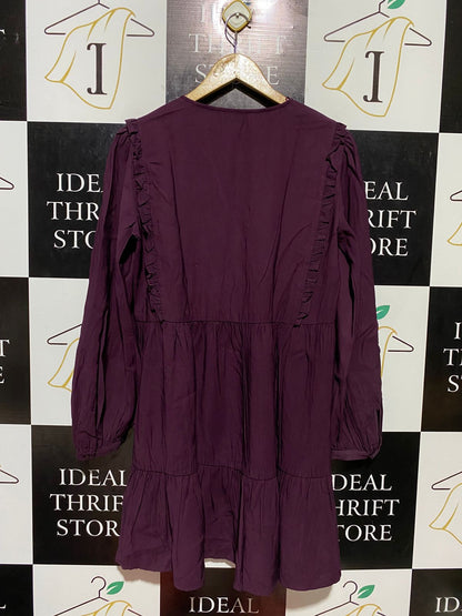ZARA |M| BUST 19| C2| DEEP PURPLE RUFFLED V-NECK MINI DRESS