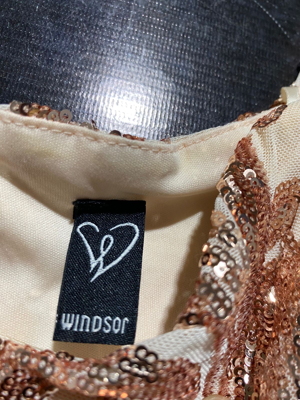WINDSOR |S| BUST 14| C2| ROSE GOLD SEQUIN DAMASK PATTERN MAXI EVENING DRESS