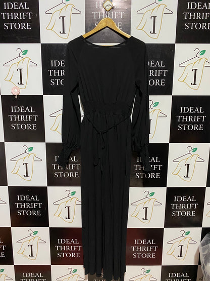 BOOHOO |S| BUST 16| C2| BLACK LONG SLEEVE SMOCKED WAIST MAXI DRESS