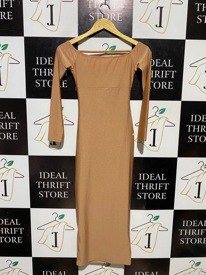 SHEIN SXY |XS| BUST 13| C2| CHAMPAGNE GOLD LONG SLEEVE CUT-OUT MIDI DRESS