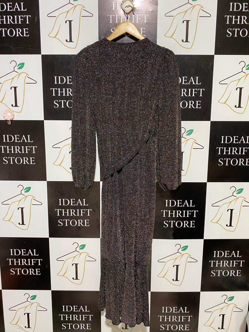 |S| BUST 16| C2| SHIMMERING METALLIC BLACK LONG SLEEVE MAXI DRESS WITH RUFFLE