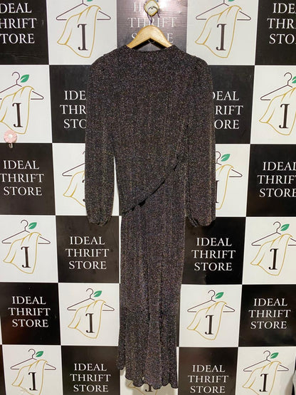 |S| BUST 16| C2| SHIMMERING METALLIC BLACK LONG SLEEVE MAXI DRESS WITH RUFFLE