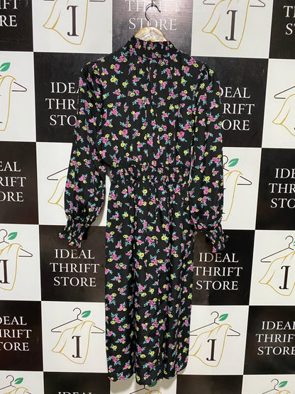 BOOHOO |M| BUST 17| C2| BLACK FLORAL HIGH-NECK SMOCKED MIDI DRESS