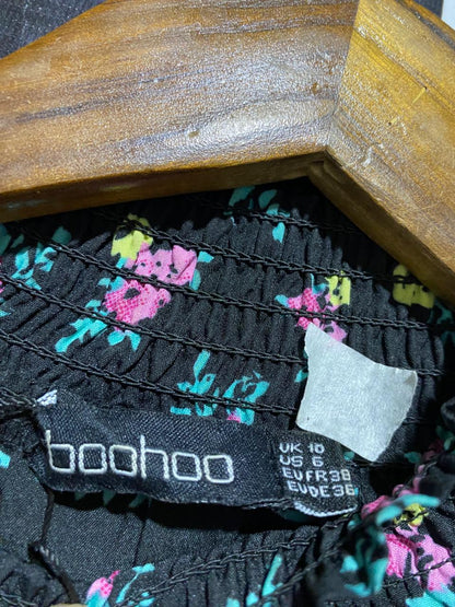 BOOHOO |M| BUST 17| C2| BLACK FLORAL HIGH-NECK SMOCKED MIDI DRESS
