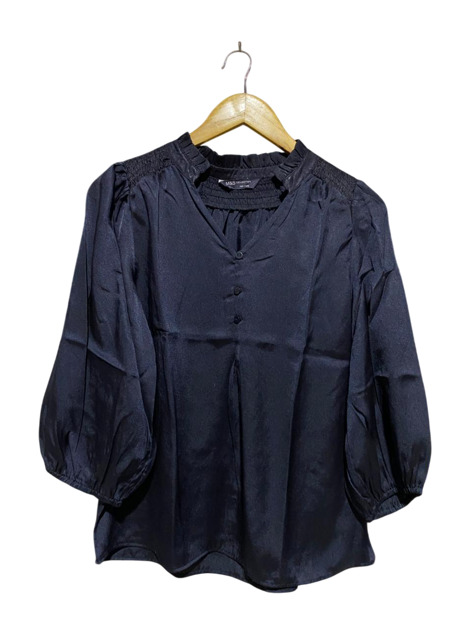 M&S COLLECTION |XL| BUST 21| B21| BLACK SATIN V-NECK SMOCKED BLOUSE