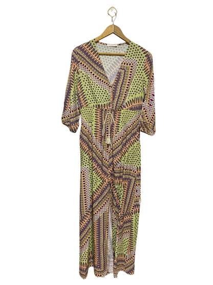 LEZ LEZ |M| BUST 17| B21| WOMEN'S BOHO GEOMETRIC PRINT MAXI DRESS WITH TASSEL DRAWSTRING