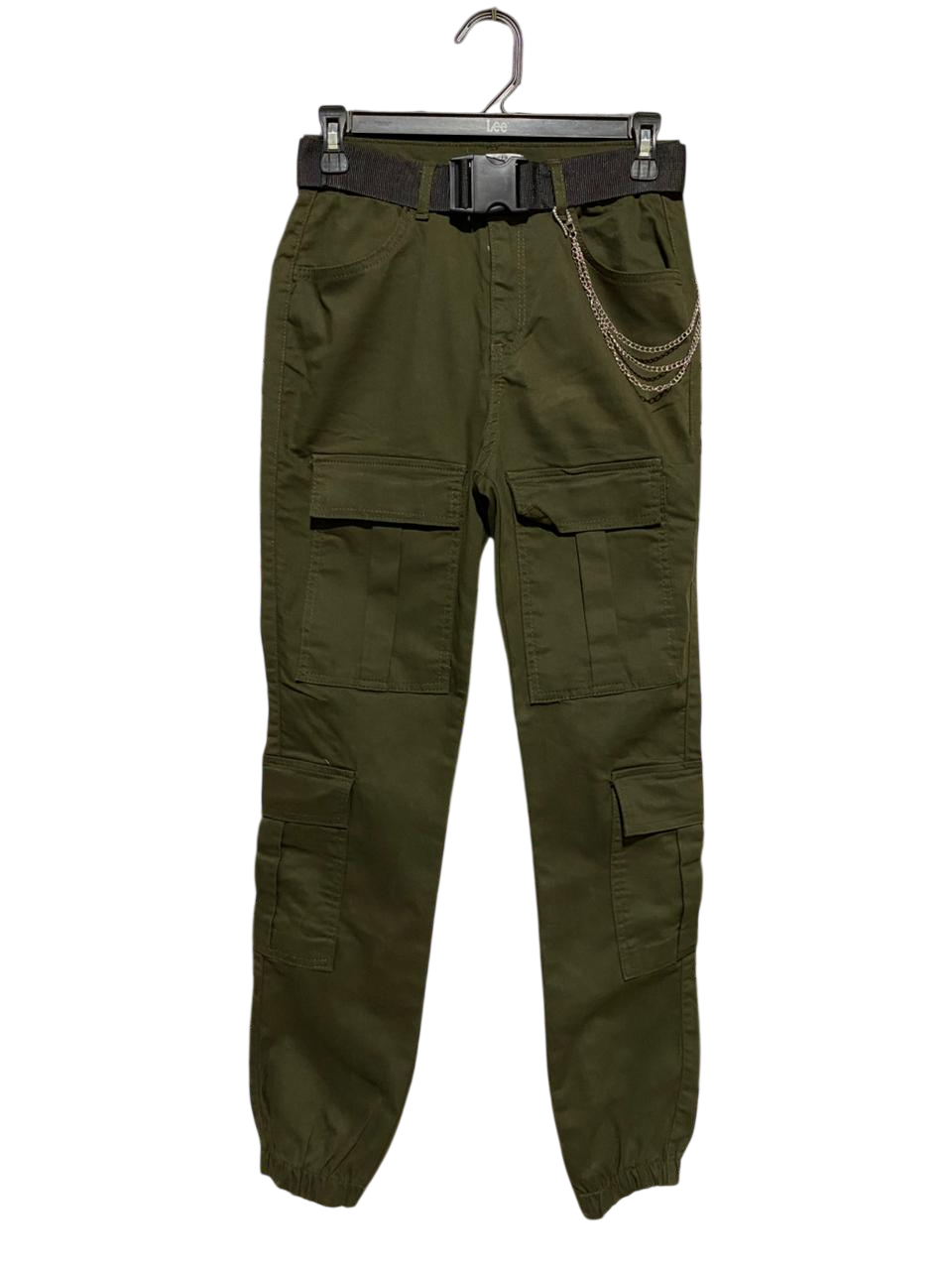 |S| WAIST 27| B21| WOMEN'S OLIVE GREEN UTILITY CARGO JOGGERS WITH BELT AND CHAIN