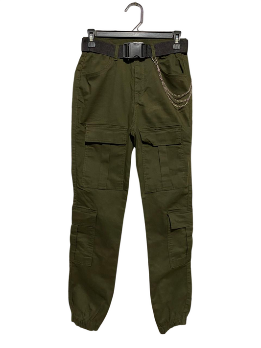 |S| WAIST 27| B21| WOMEN'S OLIVE GREEN UTILITY CARGO JOGGERS WITH BELT AND CHAIN