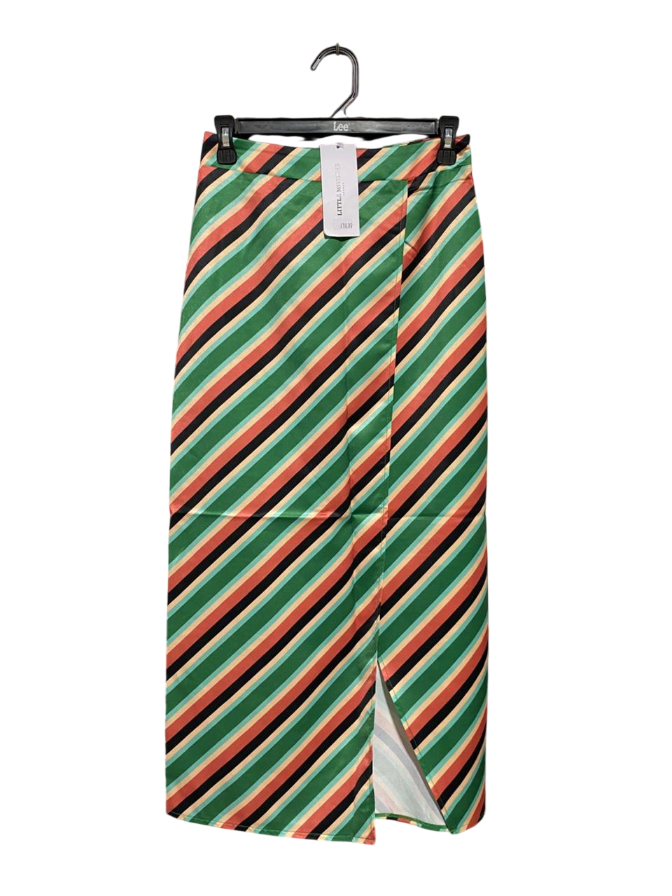 LITTLE MISTRESS |S| WAIST 26| B21| STRIPED SATIN MIDI WRAP SKIRT