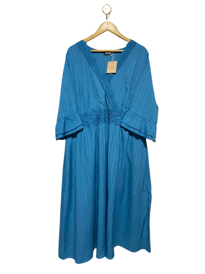BLOOMCHIC |XL| BUST 22| B32| BOHEMIAN LACE TRIM MIDI DRESS IN TEAL BLUE