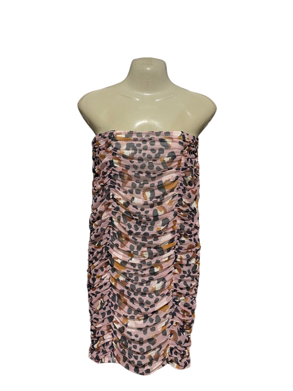 RACED IN ROVE |XS| BUST 12| B21 | LEOPARD PRINT MESH RUCHED TUBE MINI DRESS