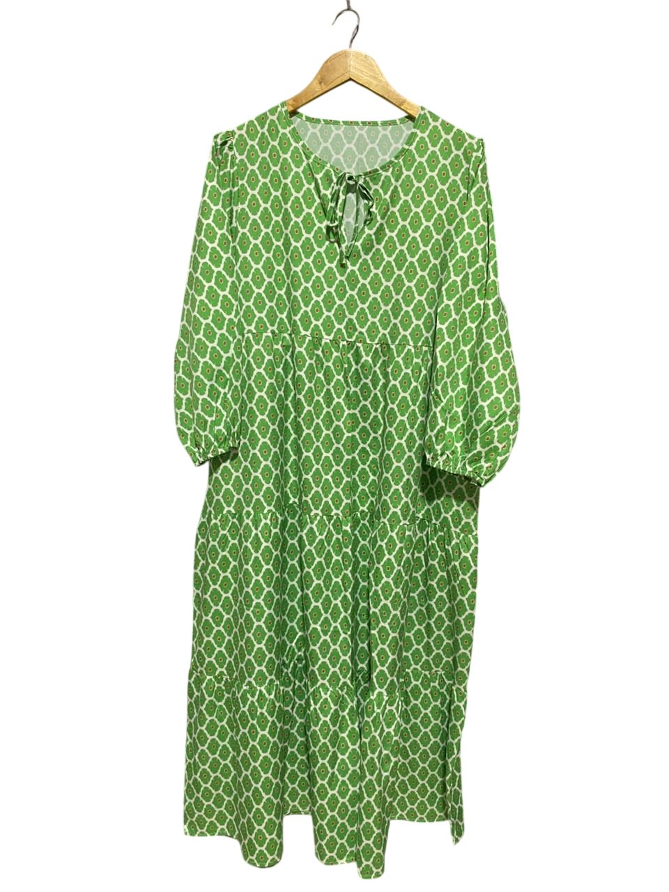 |XL| BUST 22| B32| GREEN GEOMETRIC PRINT TIERED MAXI DRESS
