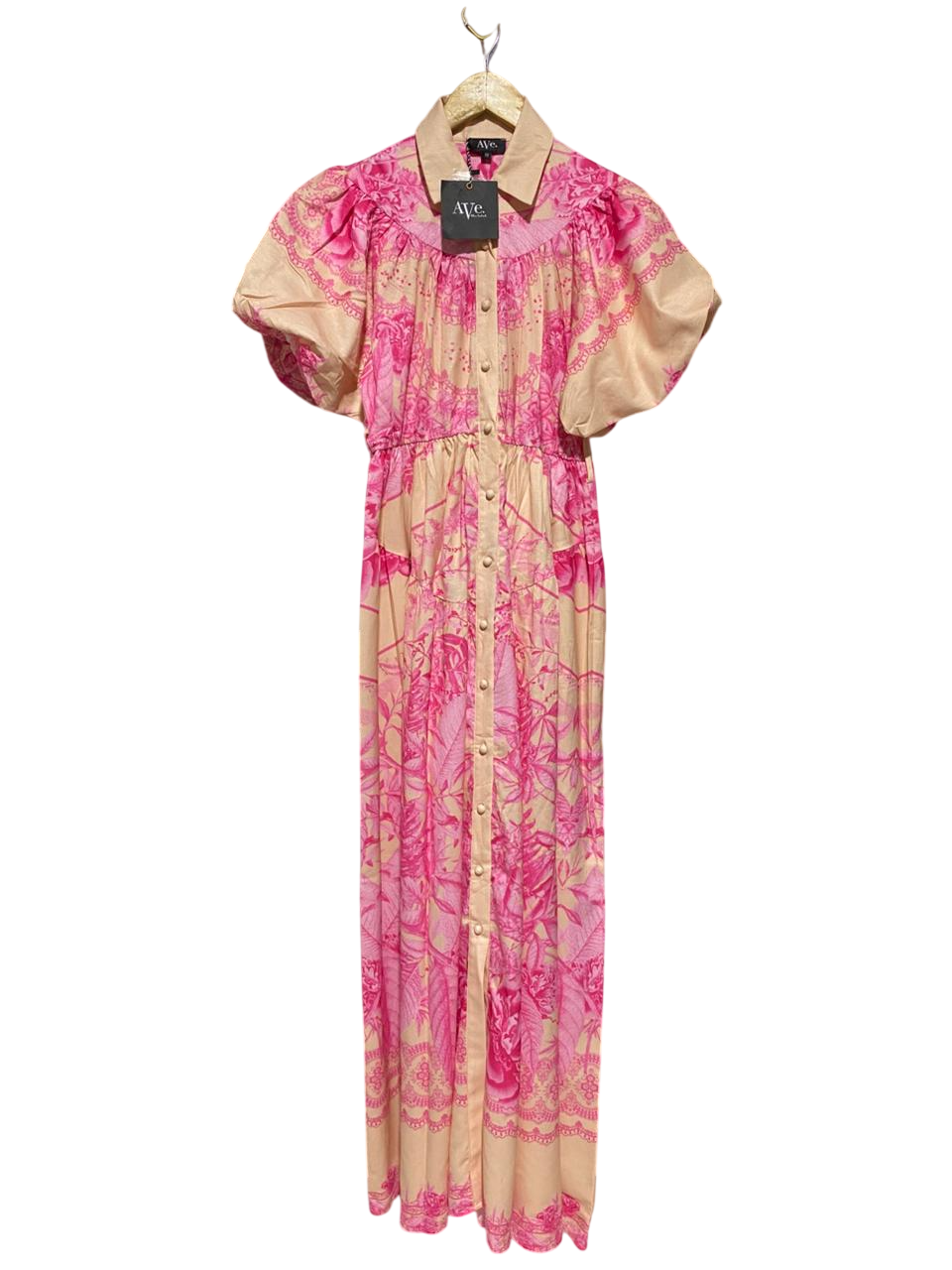 AVE |M| BUST 16| B22| ELEGANT PINK FLORAL PUFF SLEEVE MAXI DRESS