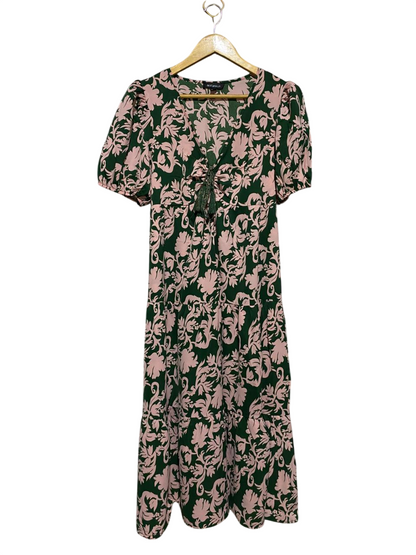 BLUE VANILLA |M| BUST 18| B22| ELEGANT GREEN AND PINK FLORAL PUFF SLEEVE MAXI DRESS