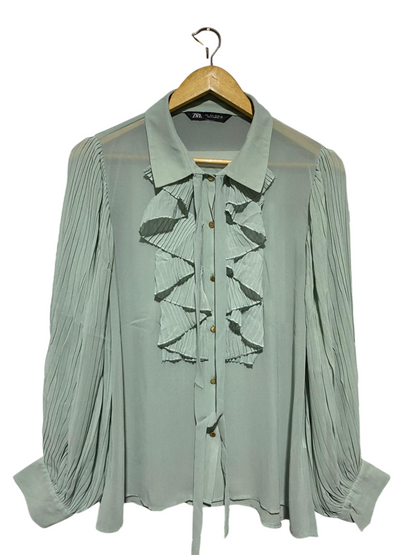 ZARA |L| BUST 20| B22| PALE MINT GREEN PLEATED RUFFLE BLOUSE WITH TIE DETAIL