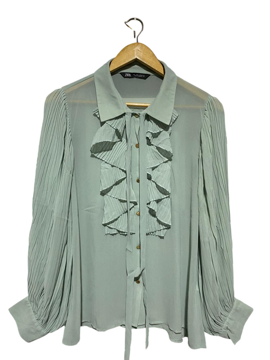 ZARA |L| BUST 20| B22| PALE MINT GREEN PLEATED RUFFLE BLOUSE WITH TIE DETAIL