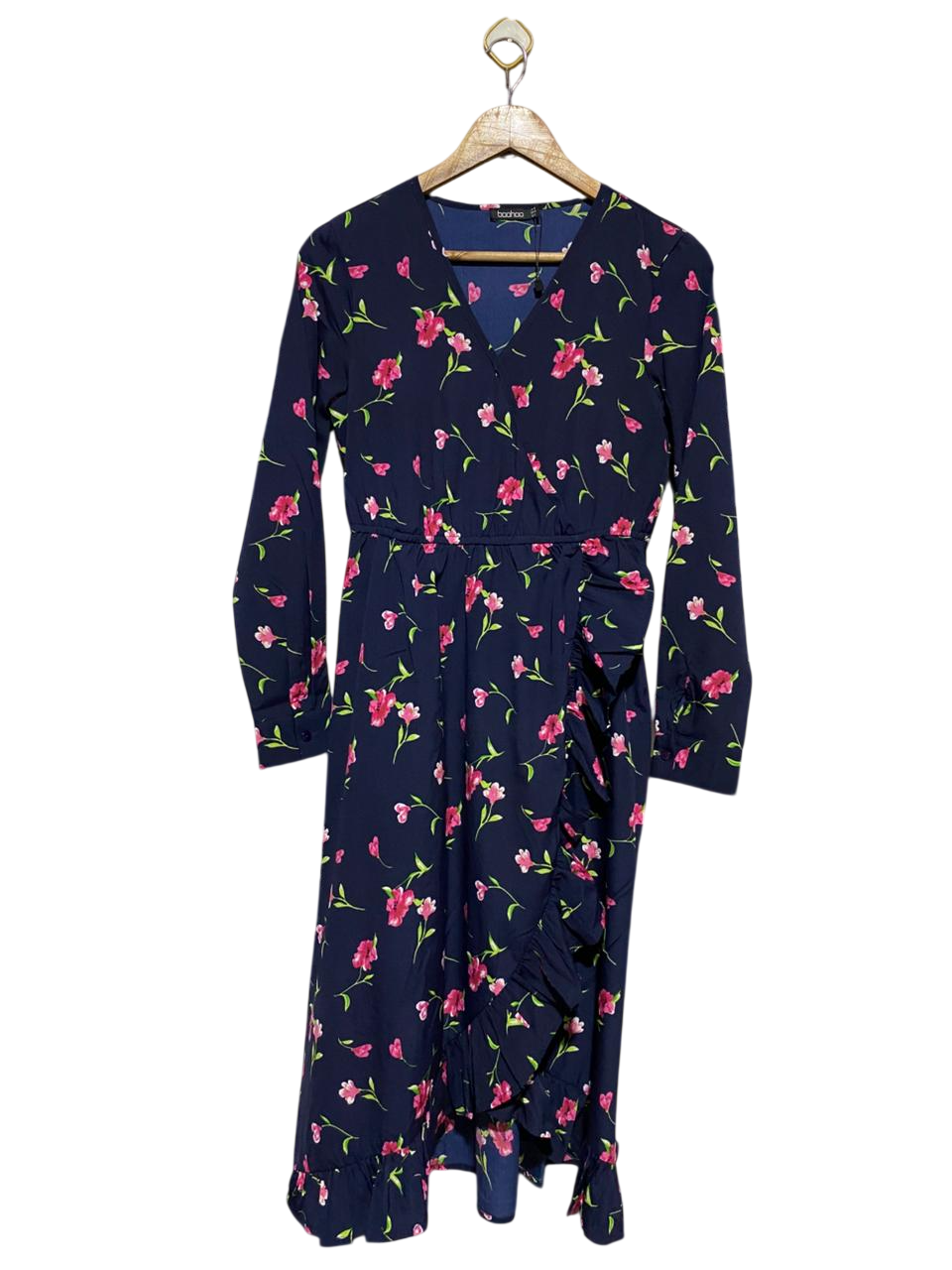 BOOHOO |M| BUST 17| B22| NAVY BLUE FLORAL WRAP MIDI DRESS WITH RUFFLE TRIM