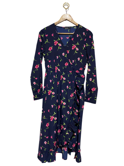BOOHOO |M| BUST 17| B22| NAVY BLUE FLORAL WRAP MIDI DRESS WITH RUFFLE TRIM