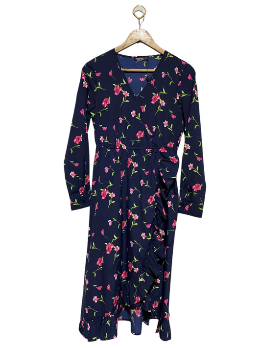 BOOHOO |M| BUST 17| B22| NAVY BLUE FLORAL WRAP MIDI DRESS WITH RUFFLE TRIM