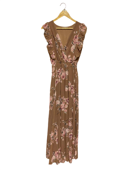 POLIN ET MOI |M| BUST 16| B22| ELEGANT MAUVE BROWN FLORAL MAXI DRESS WITH RUFFLED SHOULDERS AND V-NECK
