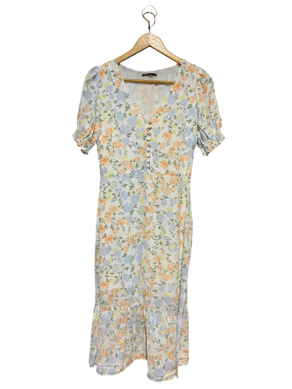 TOKITO |M| BUST 18| B22| SOFT FLORAL PRINT V-NECK MIDI DRESS WITH PUFF SLEEVES